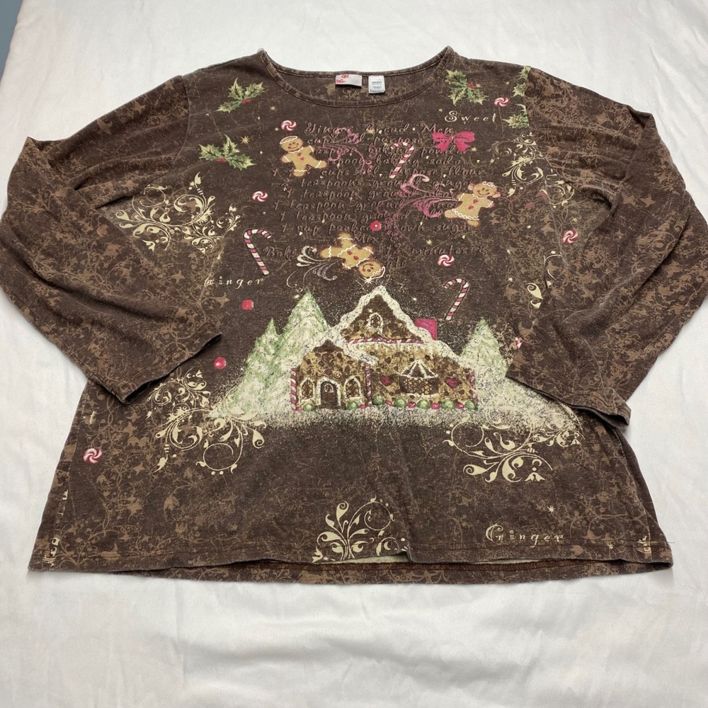 Holiday Editions Womens XL Brown Gingerbread House Graphic Long Sleeve shirt top